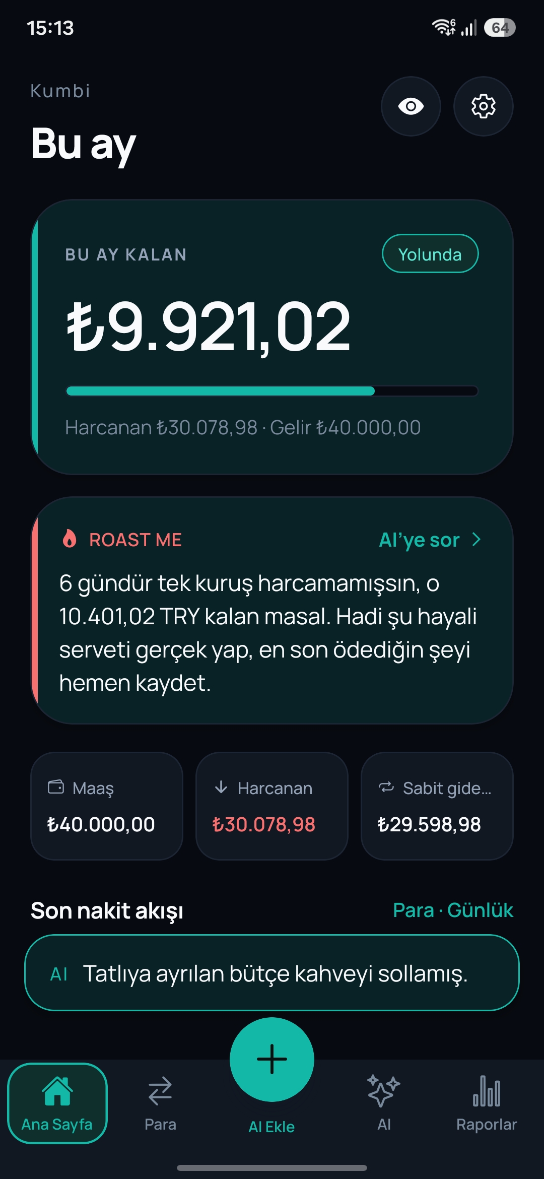Kumbi ana sayfasında aylık kalan, harcanan tutar ve AI yorumu
