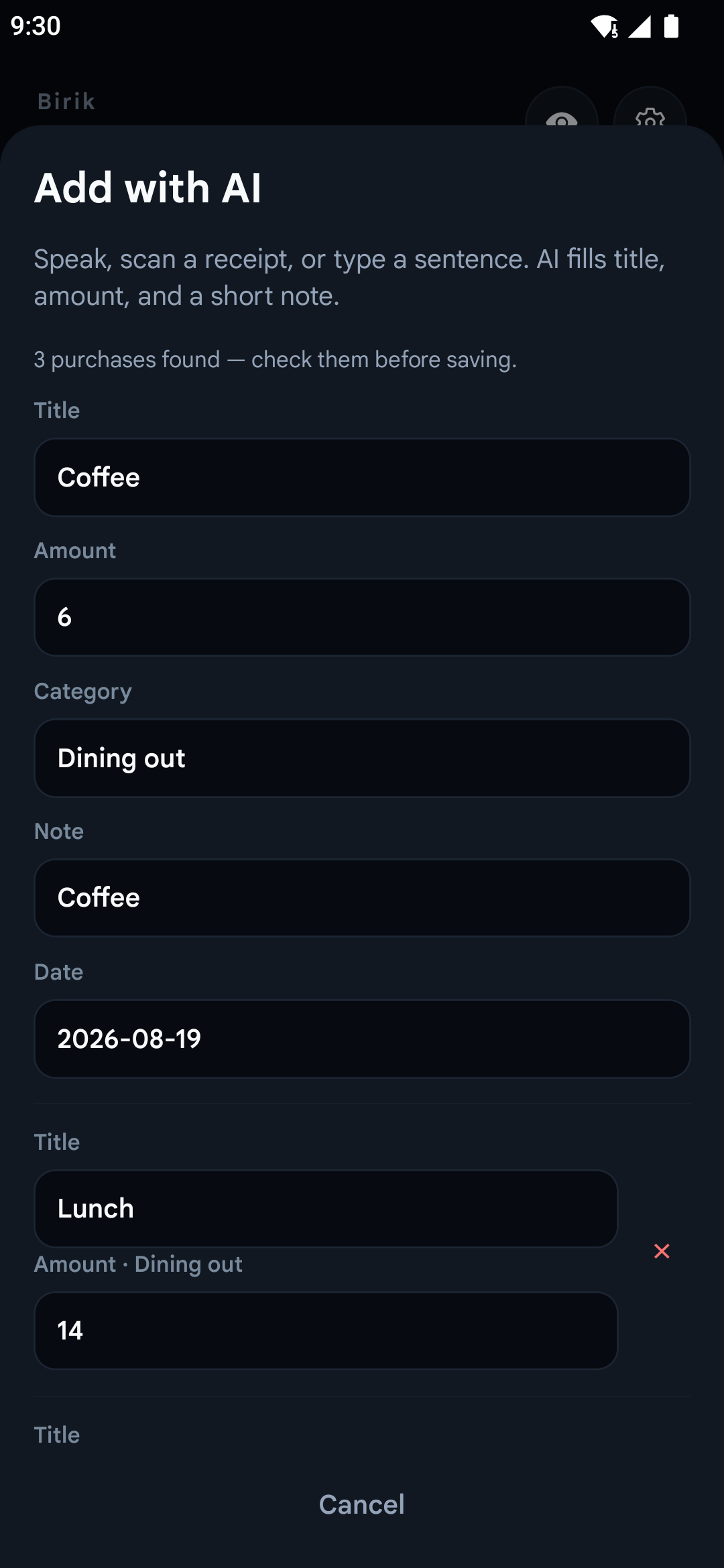 Kumbi natural-language expense entry screen