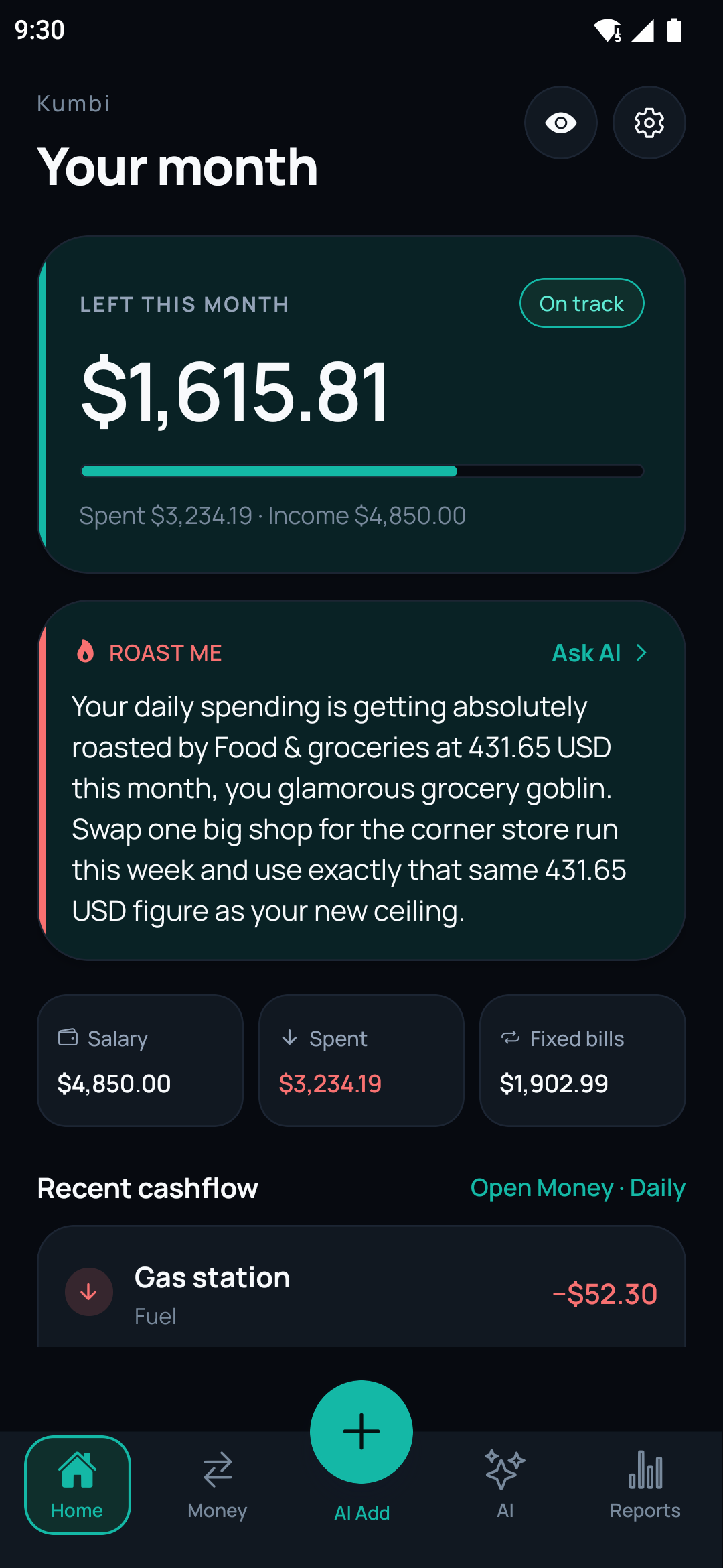 Kumbi Roast mode with playful spending feedback