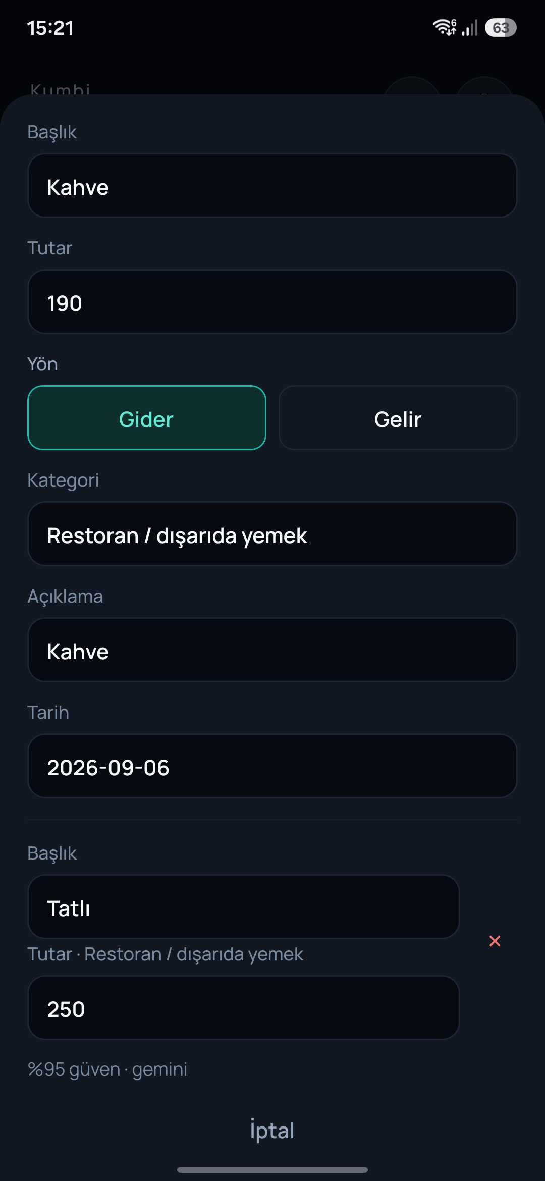 Kumbi'nin kahve ve tatlı harcamalarını ayrı kayıtlara dönüştürdüğü onay ekranı